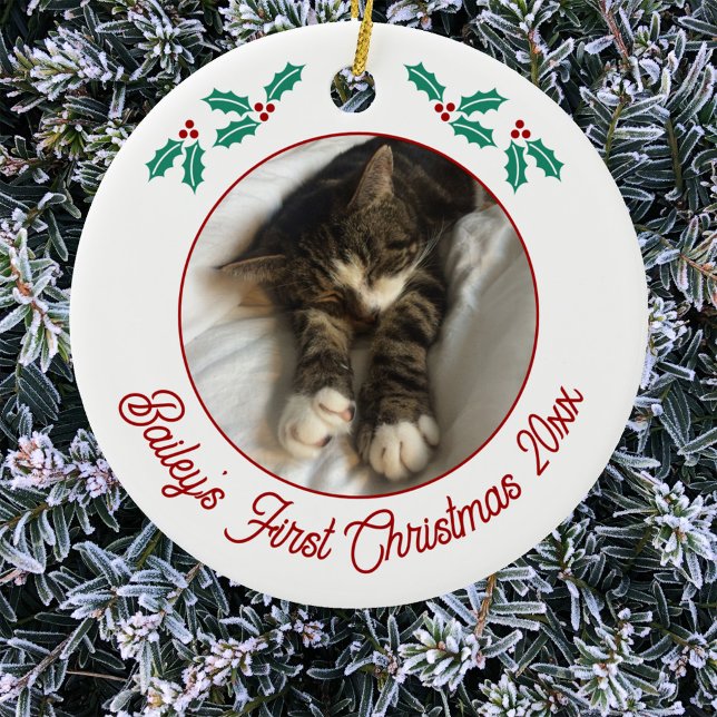Personalized Pet Cat First Christmas Photo Ceramic Ornament (Personalized pet cat photo ornament with custom modern script text)