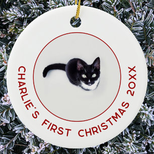 Personalized Pet Cat First Christmas Photo Ceramic Ornament