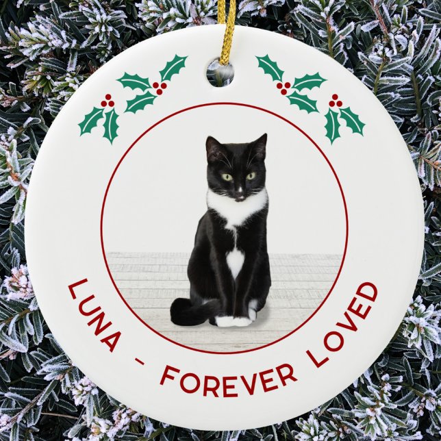 Personalized Pet Cat Memorial Christmas Photo Ceramic Ornament (Personalized name text pet cat memorial photo Christmas ornament)