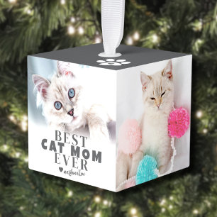 Personalized Pet Cat Mom Photo Christmas Cube Ornament