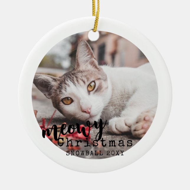 Personalized Pet Cat Photo Meowy Christmas Ceramic Ornament (Front)