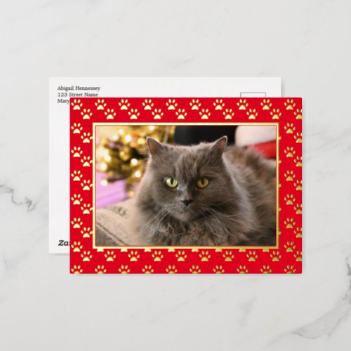Personalized Pet Cat Photo Meowy Christmas Gold Foil Holiday Postcard