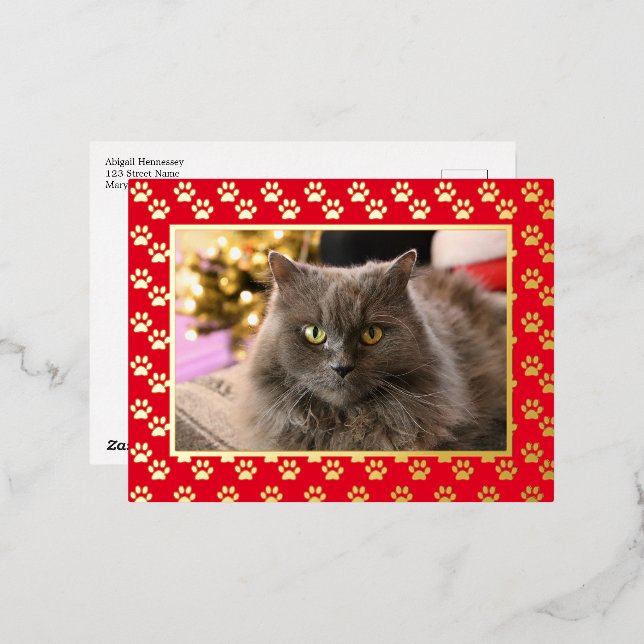 Personalized Pet Cat Photo Meowy Christmas Gold Foil Holiday Postcard (Front/Back)