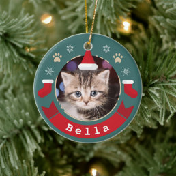 Personalized Pet Cat Photo Meowy Christmas Holiday Ceramic Ornament