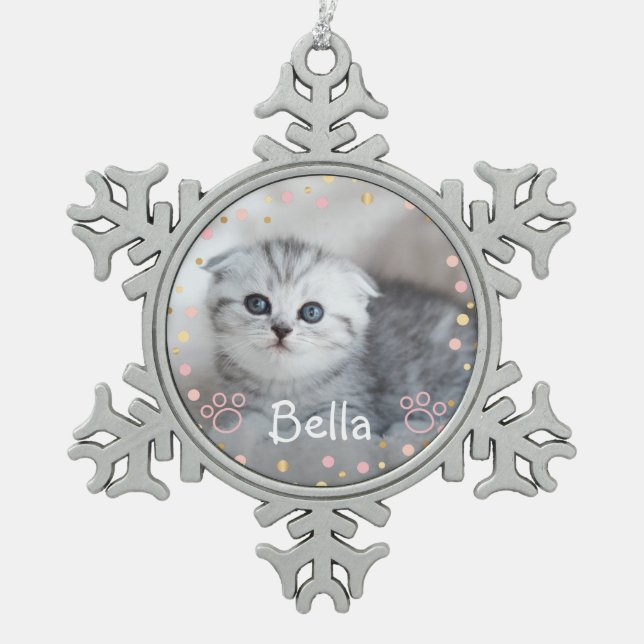 Personalized Pet Cat Photo Snowflake Pewter Christmas Ornament (Front)
