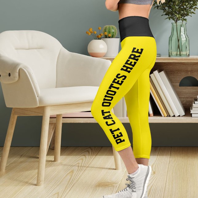 Personalized Pet Cat Quotes On Black Bright Yellow Capri Leggings (Creator Uploaded)