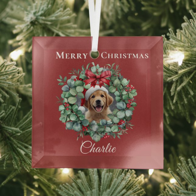 Personalized Pet Christmas with Wreath & Name Glass Ornament (Insitu)
