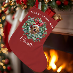 Personalized Pet Christmas with Wreath & Name Large Christmas Stocking