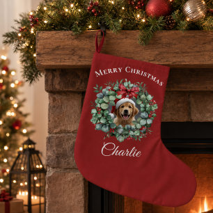 Personalized Pet Christmas with Wreath & Name Large Christmas Stocking