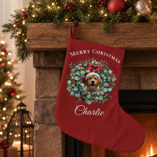 Personalized Pet Christmas with Wreath & Name Large Christmas Stocking (Creator Uploaded)