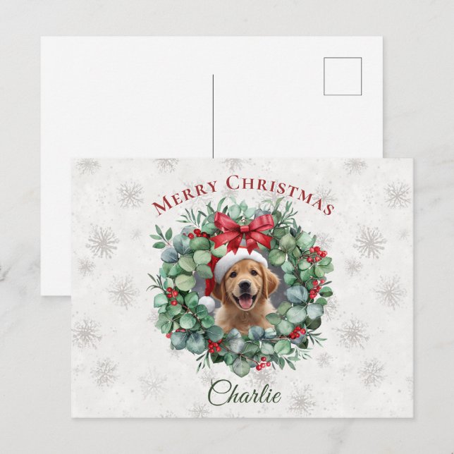 Personalized Pet Christmas with Wreath & Name Postcard (Front/Back)