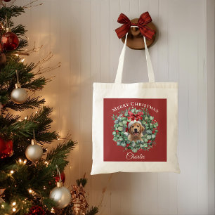 Personalized Pet Christmas with Wreath & Name Tote Bag