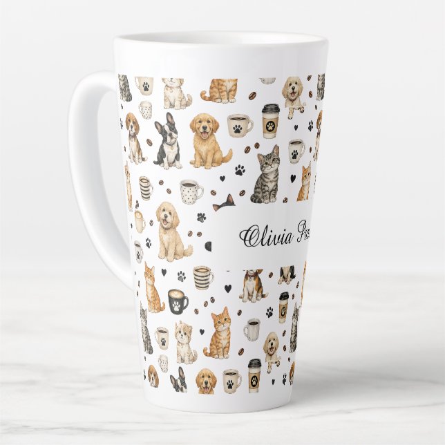 Personalized Pet & Coffee Pattern Custom Name Latte Mug (Left Angle)