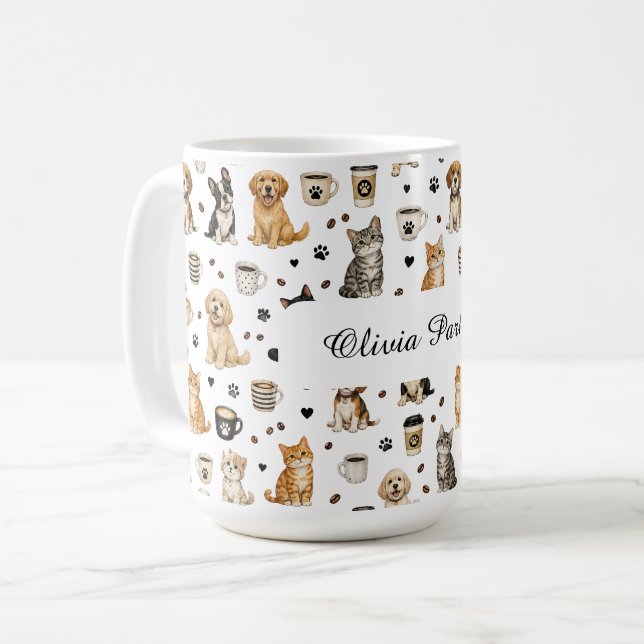 Personalized Pet & Coffee Pattern Custom Name Mug (Front Left)