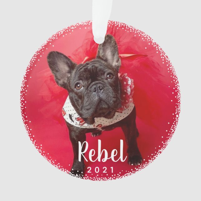 Personalized Pet Dog Holiday Photo Typography Ornament (Front)