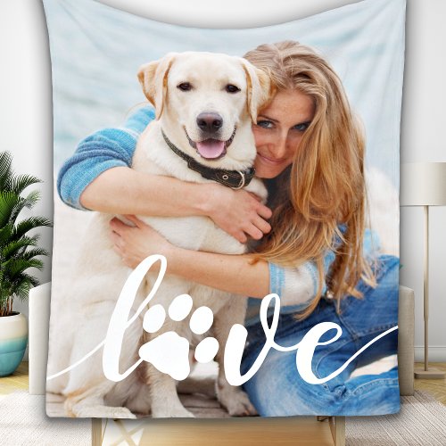 Personalized Pet Dog Lover Love Paw Print Photo Fleece Blanket