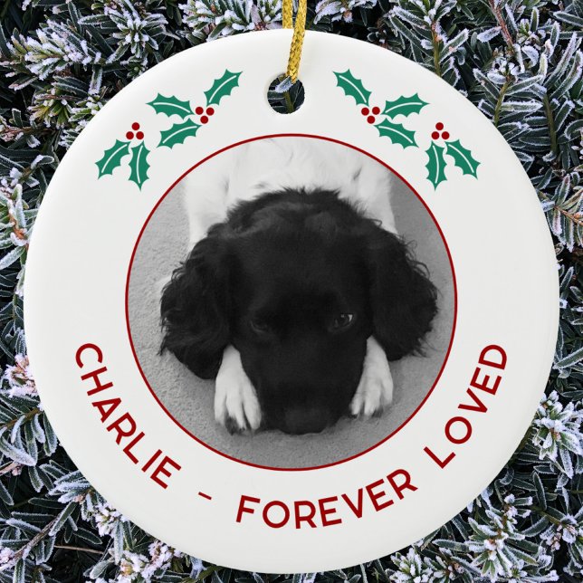 Personalized Pet Dog Memorial Christmas Photo Ceramic Ornament (Pet dog photo memorial custom name text Christmas ornament)
