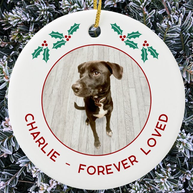 Personalized Pet Dog Memorial Christmas Photo Ceramic Ornament (Personalized pet name and text dog photo memorial forever loved Christmas ornament)