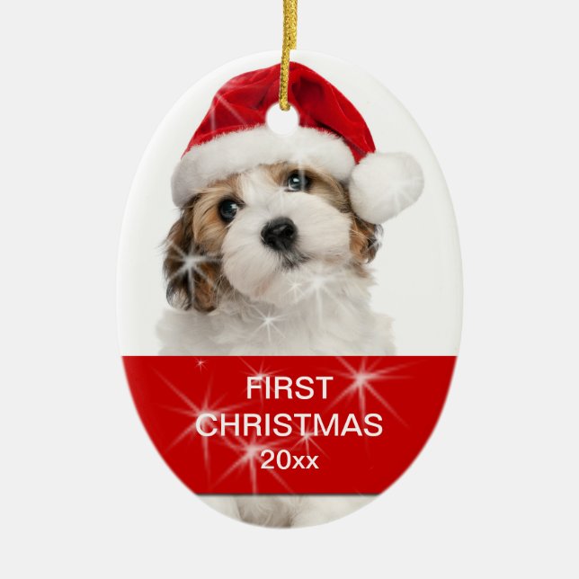Personalized Pet First Christmas Photo Ceramic Ornament (Front)