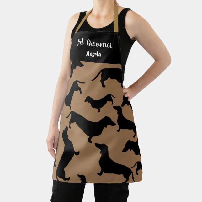 Personalized Pet Groomer Black Gold Dachshund Apron (Insitu)