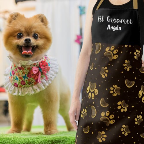 Personalized Pet Groomer Black Gold Paw   Apron