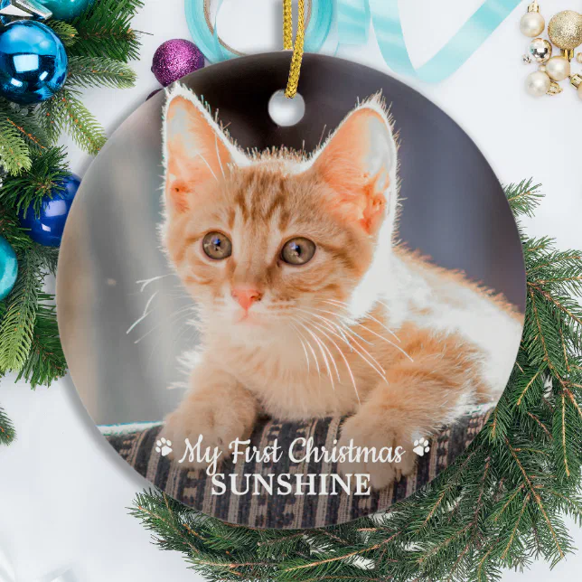 Personalized Pet Kitten Photo Cat First Christmas Ceramic Ornament | Zazzle