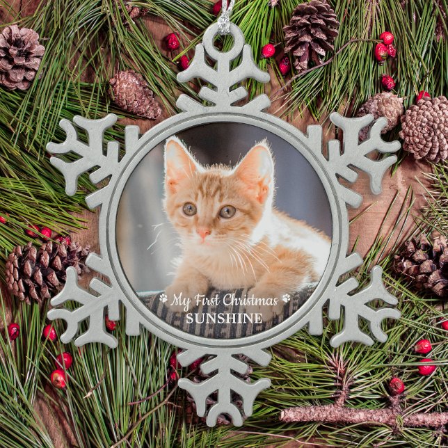 Personalized Pet Kitten Photo Cat First Christmas Snowflake Pewter Christmas Ornament (Creator Uploaded)