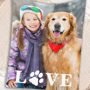 Personalized Pet Lover Love Paw Print Dog Photo Fleece Blanket