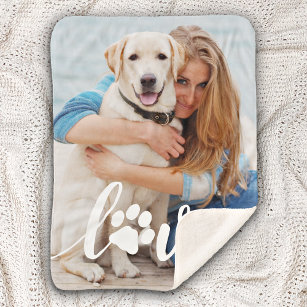Personalized Pet Lover Love Paw Print Dog Photo Sherpa Blanket