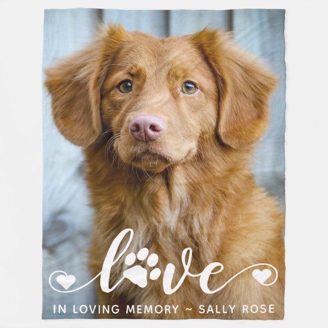 Personalized Pet Memorial Love Paw Print Photo Fleece Blanket (Front)