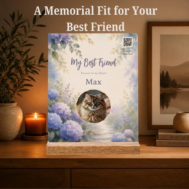 Personalized Pet Memorial with Photo and QR Code Acrylic Sign (Personalized pet memorial with photo and QR code linking to a comforting Spotify grief playlist.)