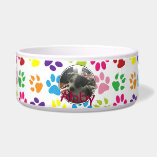 Personalized Pet Name and Photo Paw print Pattern Bowl
