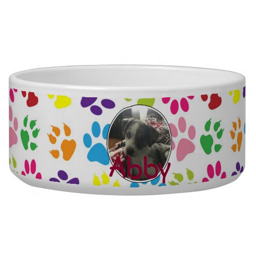 Personalized Pet Name and Photo Paw print Pattern Bowl