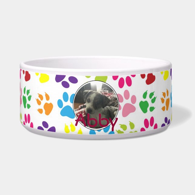 Personalized Pet Name and Photo Paw print Pattern Bowl (Front)