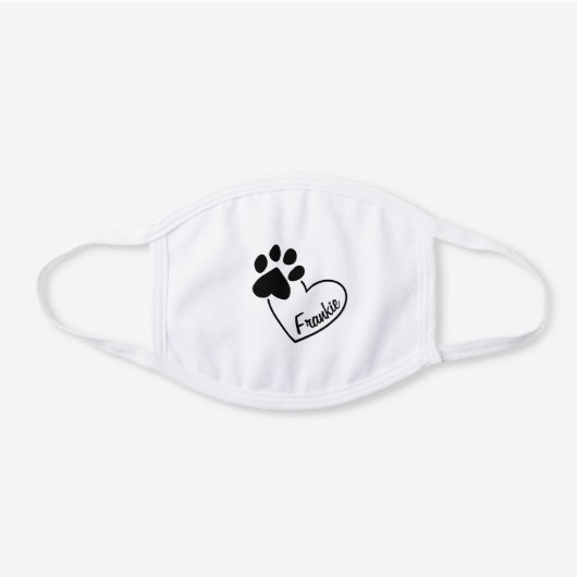 Personalized Pet Name Paw Print On Heart Reusable White Cotton Face Mask (Front)