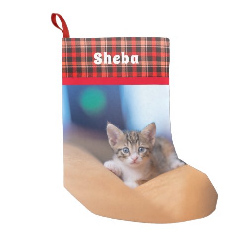 Personalized Pet Name Photo Red Plaid Small Christmas Stocking