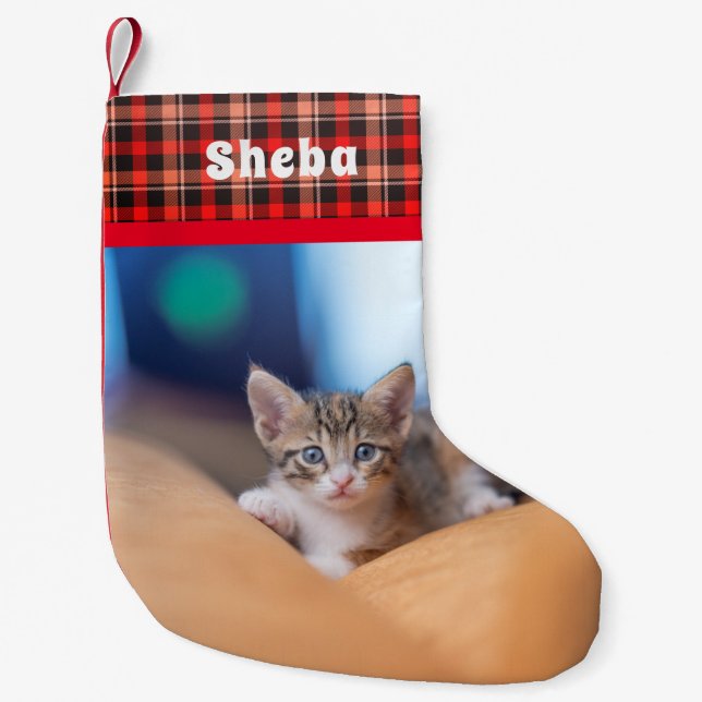 Personalized Pet Name Photo Red Plaid Small Christmas Stocking (Front)