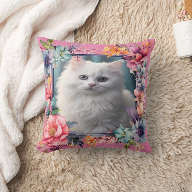 Personalized Pet Photo and Name Floral Frame Throw Pillow (Blanket)