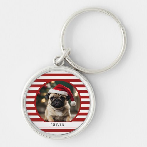 Personalized Pet Photo Candy Cane Red Stripes Keychain