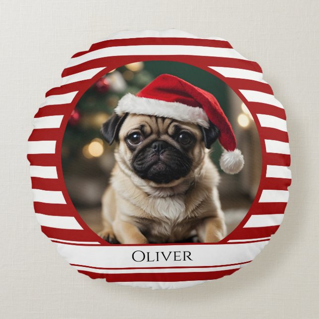 Personalized Pet Photo Candy Cane Red Stripes Round Pillow (Front)