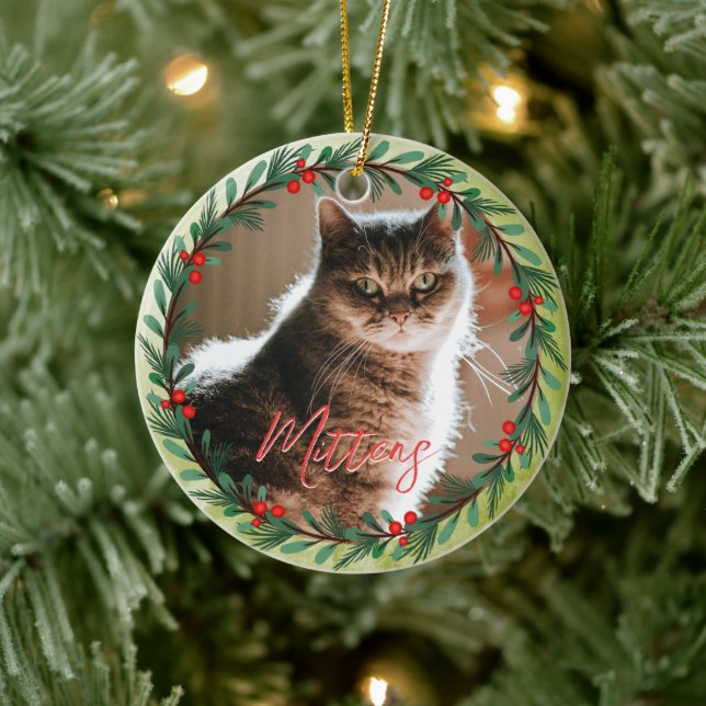 Personalized Pet Photo Christmas Pattern Ceramic Ornament (Tree)