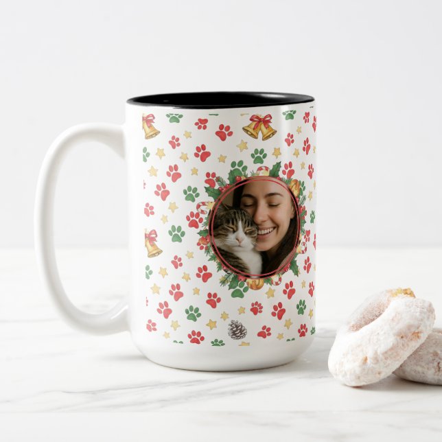 Personalized Pet Photo Christmas Paw Print Mug (With Donut)