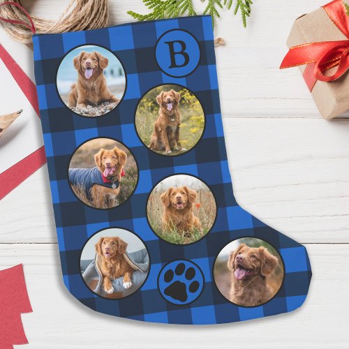 Personalized Pet Photo Collage Blue Black Plaid Small Christmas Stocking