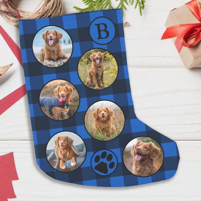 Personalized Pet Photo Collage Blue Black Plaid Small Christmas Stocking (Creator Uploaded)