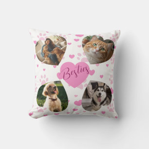 Personalized Pet Photo Collage Pink Hearts Throw Pillow