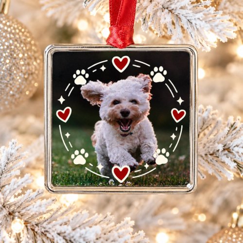 Personalized Pet Photo Cute Dog Paw Prints Hearts Metal Ornament