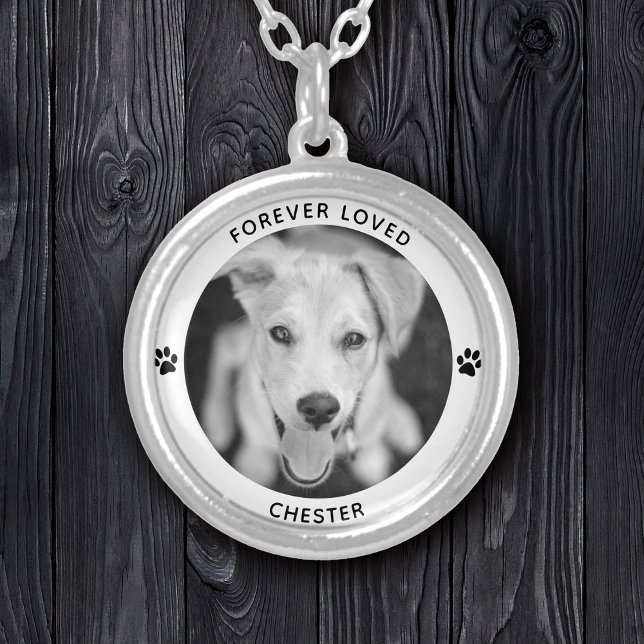 Personalized Pet Photo Dog Cat Memorial Keepsake Silver Plated Necklace (A round silver pendant with a photo of a smiling dog inside. Text reads "Forever Loved" and "Chester)