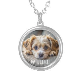 Personalized pet photo dog lover keepsake name  silver plated necklace