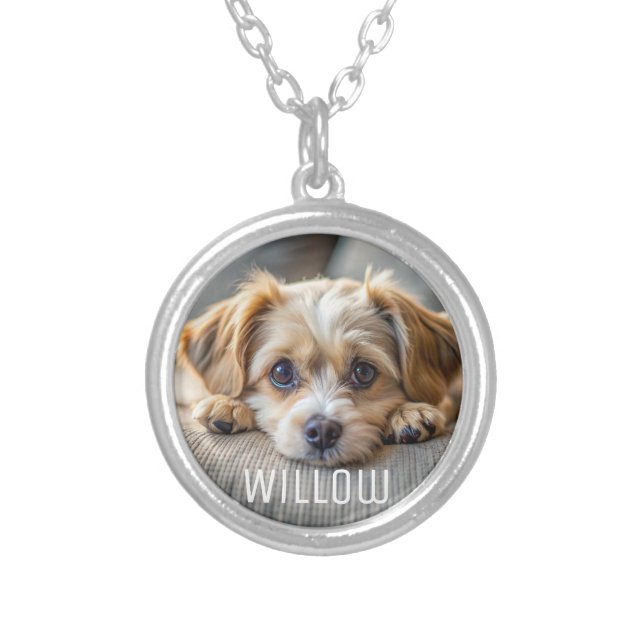 Personalized pet photo dog lover keepsake name  silver plated necklace (Front)