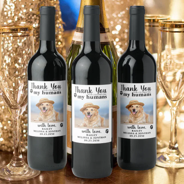 Personalized Pet Photo Dog Wedding Thank You Wine Label | Zazzle
